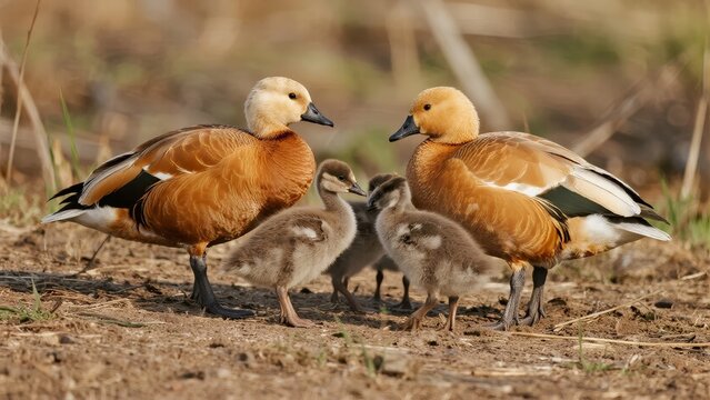 A pair of adult ruddy shelducks with their ducklings standing on dry ground in a natural habitat