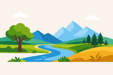 Obraz premium Beautiful Flat Vector Illustration of a Scenic Nature Landscape with Blue Mountains, a Winding River, Green Hills, Lush Trees, and Pine Forest under a Clear Sky for Travel and Outdoor Backgrounds