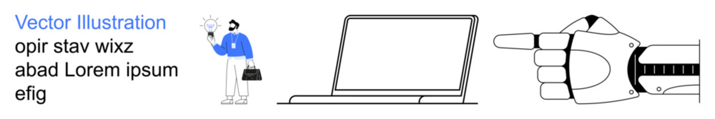 Obraz premium Artificial intelligence, workplace technology, innovation, digital transformation, robotics, modern professions. Robotic hand pointing, laptop screen and professional figure. Robotics and workplace