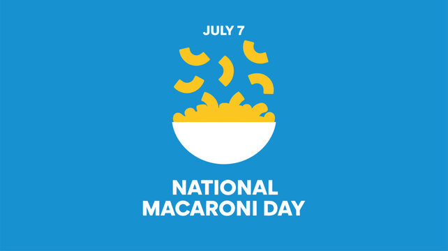 National Macaroni Day text with pasta shapes falling into a white bowl