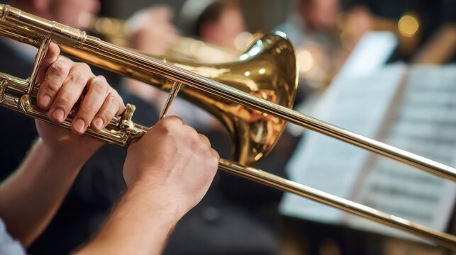 Close-up of trombone player performing in orchestra with sheet music on stand. Brass instrument and musician hands in focus with blurred orchestra background during rehearsal