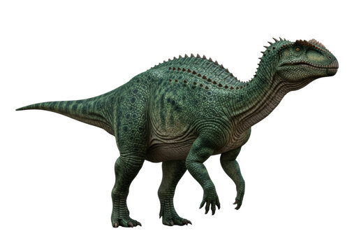 massive iguanodon dinosaur in a dynamic mid-stride walking pose, featuring jungle-green scaly skin texture, isolated on a transparent background, concept of scientific illustration