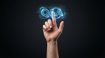 Digital Question & Answer: A digital rendition of a hand pressing a glowing Q&A button, against a dark backdrop. Inviting inquiry, sparking curiosity, and fostering interaction.