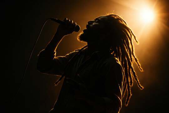 Silhouette of a reggae singer with dreadlocks performing on stage with dramatic backlighting