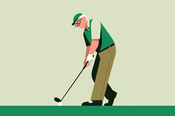Elderly golfer in green cap and shirt with brown pants preparing to hit ball on grassy course, stylized vector illustration of active senior lifestyle. © HardTeam