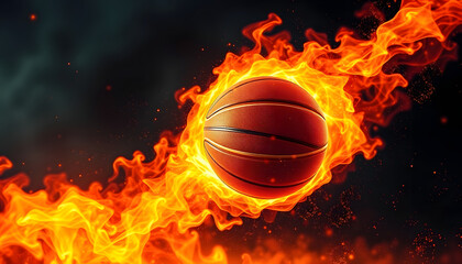 Fototapeta premium A fiery basketball soaring through flames, symbolizing intense competition and the passion of the sport