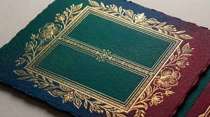 Fototapeta premium Opulent gold foil wedding card design template displays luxurious floral border on rich textured paper with vibrant gradient, offering perfect custom copy space.