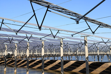 Naklejka premium Close-up of Floating Photovoltaic Power Station Support and Pile Foundation Structure