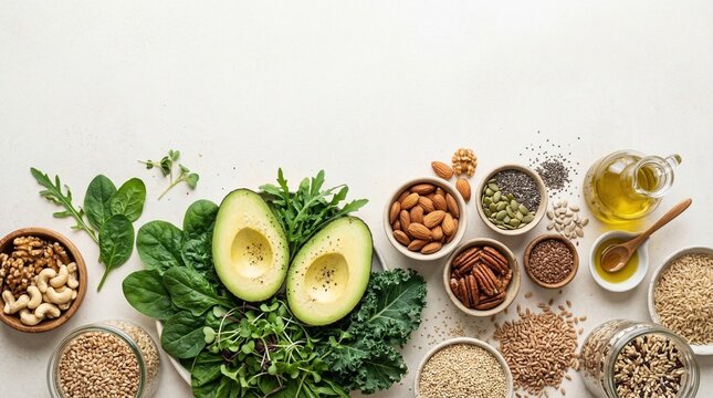 Clean minimal composition of healthy ingredients for nutrition and wellness concept
