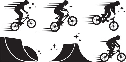 Silhouette of a person riding a bicycle quickly outside