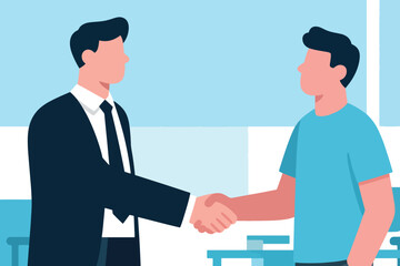 Fototapeta premium Businessman in black suit shaking hands with casual man in blue t-shirt, office background with desks and window, stylized vector illustration of partnership and agreement.