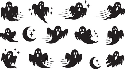 Obraz premium Halloween Ghosts and Moons in Black Silhouette Flying