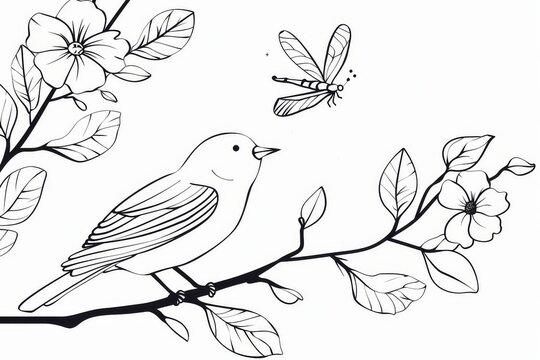 Bird branch flowers dragonfly coloring page minimal line vector illustration nature outline black white design