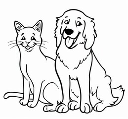 Obraz premium Happy dog cat coloring page minimal line vector illustration cute animals black white outline children design