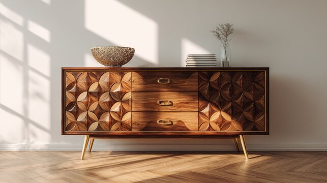 Mid century modern walnut credenza with geometric pattern