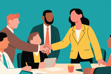 Fototapeta premium Six business professionals in meeting, two shaking hands at table while colleagues review documents and devices, stylized vector illustration of teamwork and collaboration.