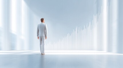 Fototapeta premium Future Business Success Concept with Person in Elegant Suit Looking at Growth Chart in Bright Space