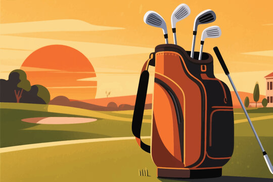 Orange and black golf bag with clubs on course at sunset, sand bunker and clubhouse in background, stylized vector illustration of sport equipment and serene landscape.