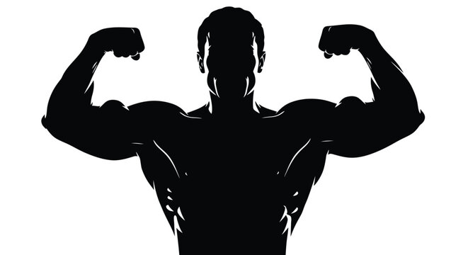 Powerful male bodybuilder silhouette vector graphic flexing large biceps in a strong pose