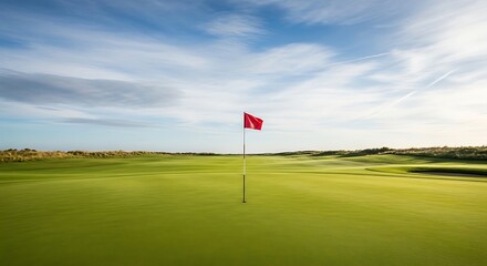 Obraz premium Golf flag on empty course with wide landscape view, vibrant green fairway, and blue sky with soft clouds, capturing peaceful morning atmosphere and serene outdoor sport scene.