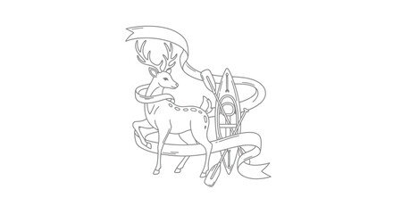Obraz premium Elegant Deer with Ribbon Banner Line Art Illustration.