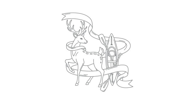Elegant Deer with Ribbon Banner Line Art Illustration.