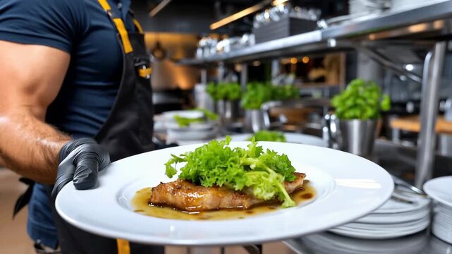 Chef serves dishes in a busy restaurant kitchen during lunchtime with plates of food ready for customers