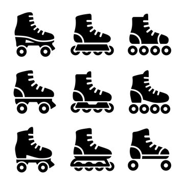 Set of roller skate and inline skate silhouette icons Vector graphic collection of various skate types for sports and recreation.