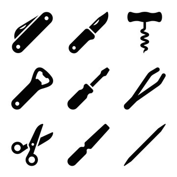 Collection of black silhouette icons for a multi tool pocket knife.