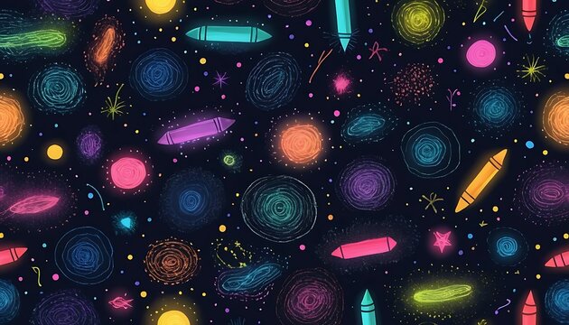 Colorful hand-drawn space pattern with vibrant stars, planets, and nebulae on a dark background. Whimsical seamless galaxy doodle for children's decor, wallpaper, and creative textile design.
