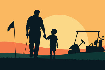 Silhouette of adult and child walking on golf course at sunset with golf club, cart and flag, stylized vector illustration of bonding, leisure and outdoor lifestyle. © HardTeam