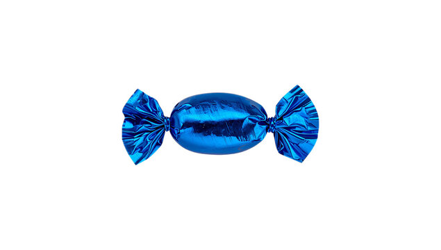 A close-up side view of a single, individually wrapped, shiny blue candy against a white background, isolated and ready for consumption