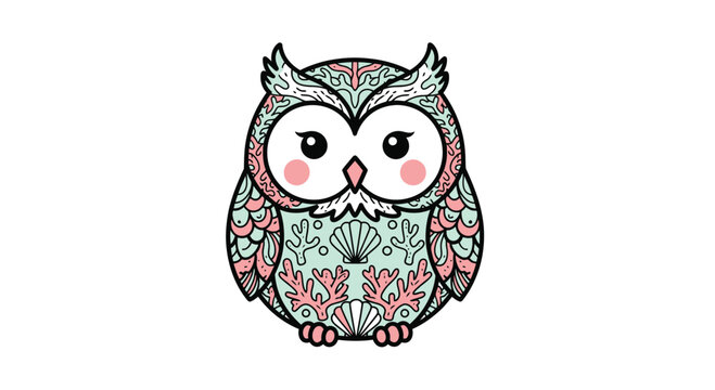 Intricate Owl Illustration with Sea-Themed Patterns and Kawaii Style.