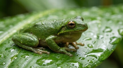 Obraz premium small green frog sitting on wet leaf in natural environment