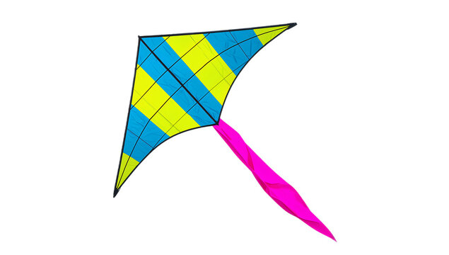 Vibrant blue and yellow striped delta kite illustration with a flowing pink tail, symbolizing freedom, play, and sunny outdoor leisure activities