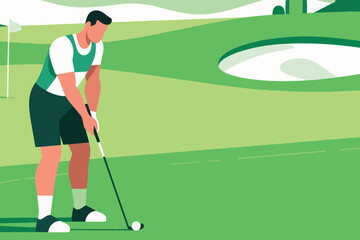 Golfer preparing to hit ball on lush green course with flag and bunker, stylized vector illustration of sport, leisure and outdoor lifestyle.