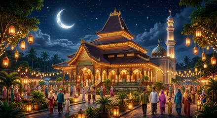 Fototapeta premium Indonesian Ramadan Mosque Crescent Night