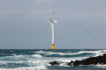 windy and overcast seascape with a wind turbine © 안구정화