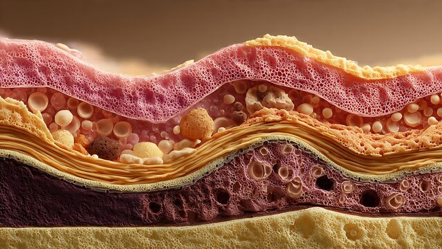 Detailed cross-section of skin layers showing dermis, epidermis, and subcutaneous tissue. Scientific 3D illustration featuring skin cells, pores, and biological anatomy for medical education.