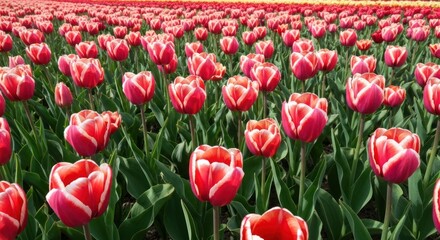 Obraz premium Red and white tulips in a field