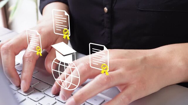 A businesswoman's hands are seen working at her desk, holding an animated globe with a graduation cap and several certificates. Online education.