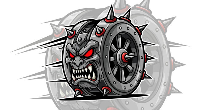 Menacing Metal Shield with Fierce Face.