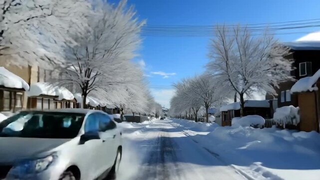 雪景色の街路樹と住宅街の澄んだ青空が広がる風景