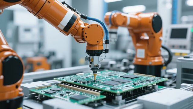 Industrial robotic arms assembling electronic circuit boards in a manufacturing facility