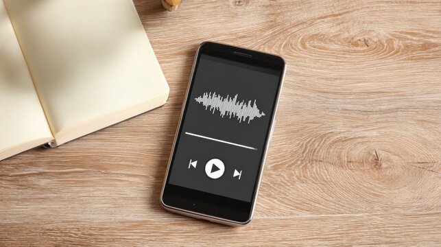 Smartphone displaying audiobook player with sound waveform next to open book on wooden table. Mobile app for listening to audiobooks, podcasts and spoken audio content