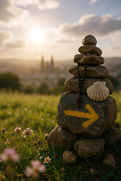 Camino de Santiago cairn with scallop shell and rosary at sunrise