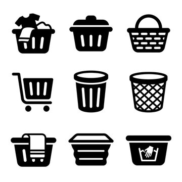 Set of black silhouette icons for baskets bins and containers.