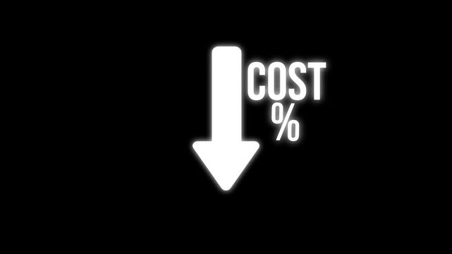 An animated white arrow pointing downwards next to "% cost". Its simple design conveys a price reduction. Ideal for promotions, discounts, or budget presentations.