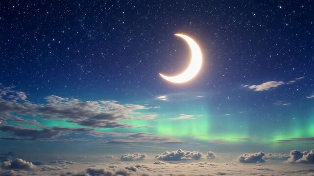 Beautiful crescent moon and aurora borealis over clouds