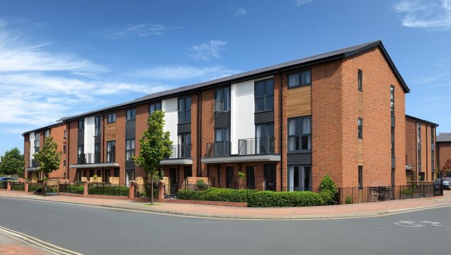 modern street of new brick houses in the united kingdom